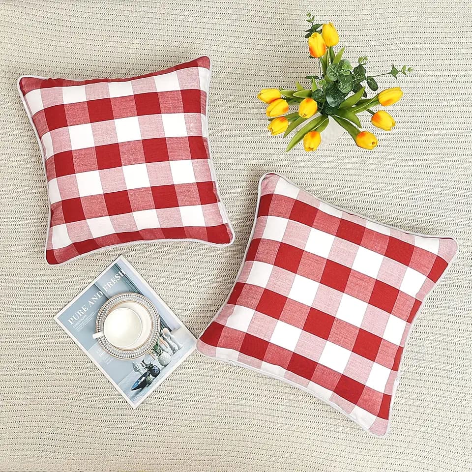 Amzdecor Buffalo Plaid Check Throw Pillow Cover Red White 18"x18" Set of 2