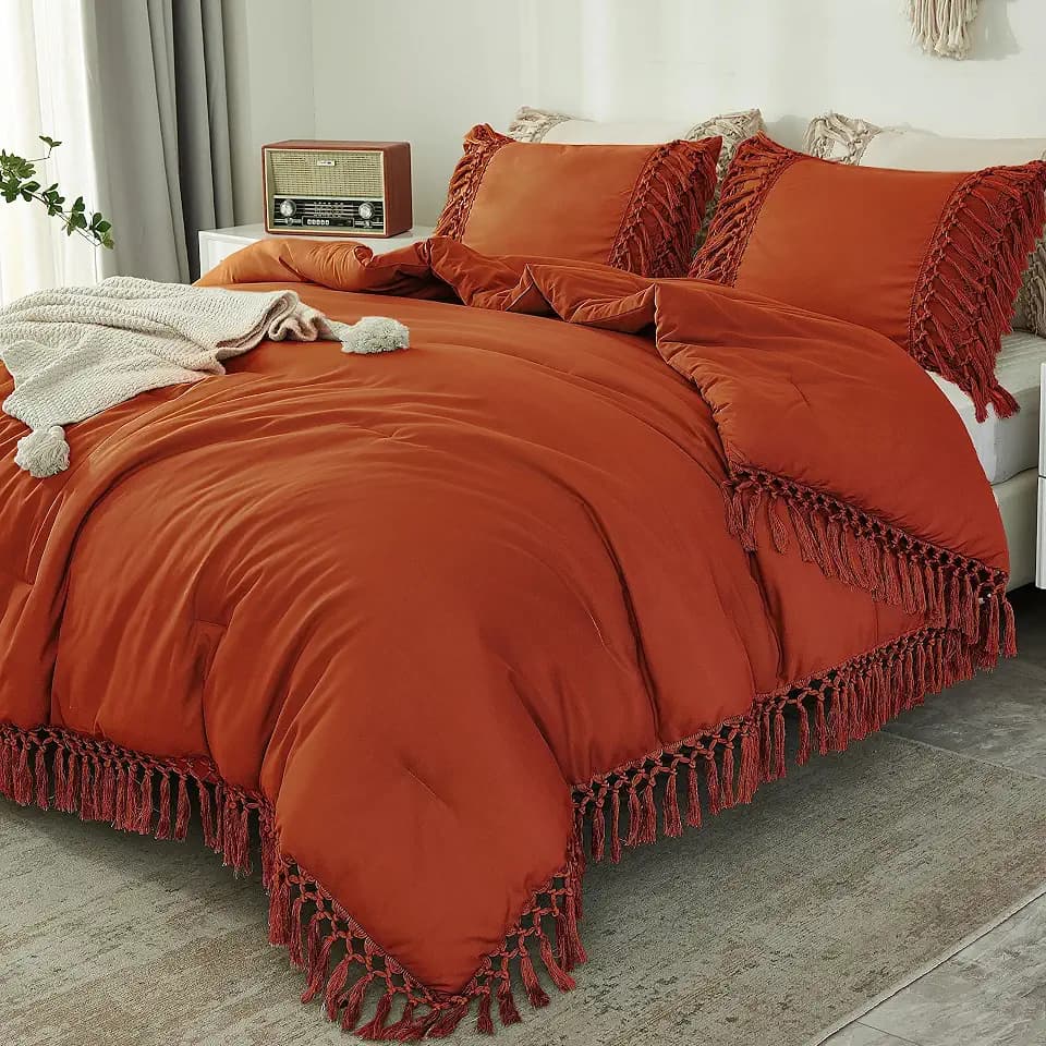 Andency Terracotta Comforter Set King, 3 Pieces Boho Tassel Bedding