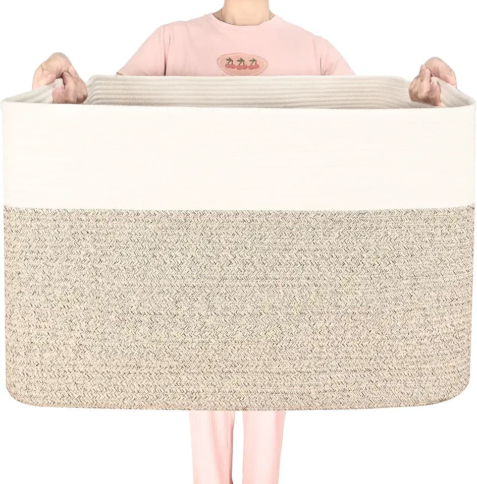 MINTWOOD Design 112L Extra Large Blanket Basket Holder Living Room, 25"x17"x16" Rectangle Rope Woven Storage Basket with Handles for Laundry, Pool Towels, Shoes, Dog Toy Organizer Bin Box, Light Brown