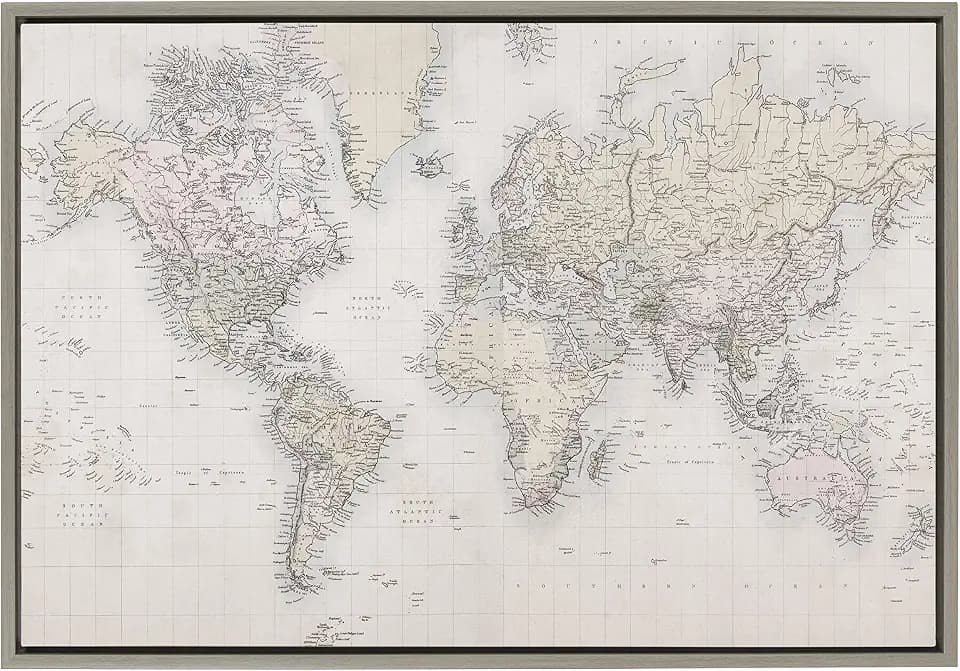Kate and Laurel Sylvie Vintage World Map Framed Canvas Wall Art by The Creative Bunch Studio; 23x33 Gray; Decorative Map Art for Wall