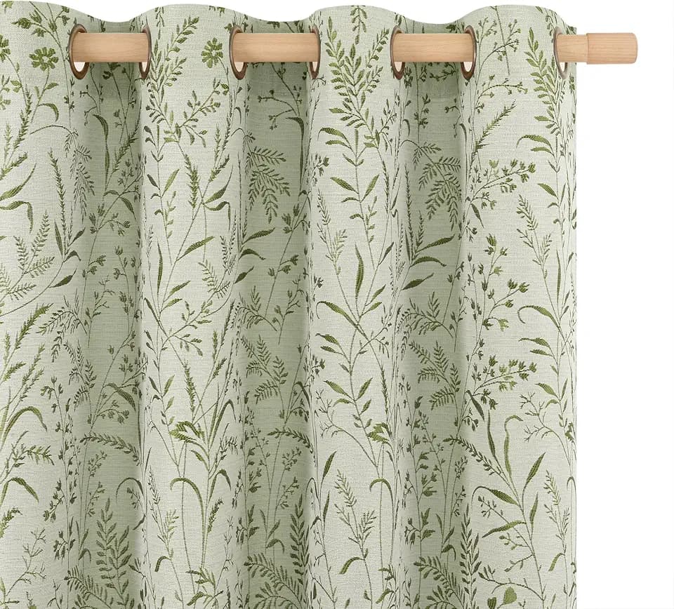 BGment Green Leaf Linen Curtains for Living Room 63 Inch Length 2 Panels