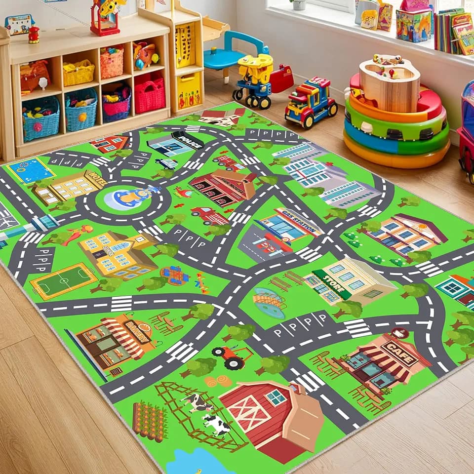 Kids Room Rug, Non-Slip 4x5ft Car Rug City Road Play Mat Rugs Playroom