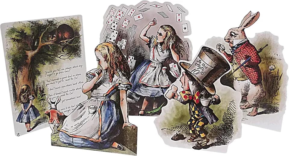 Alice Themed Card Stand Up Props | 42pc Party Supplies Table Decorations | Illustrated Cutouts | Mad Hatter Tea Party Decor