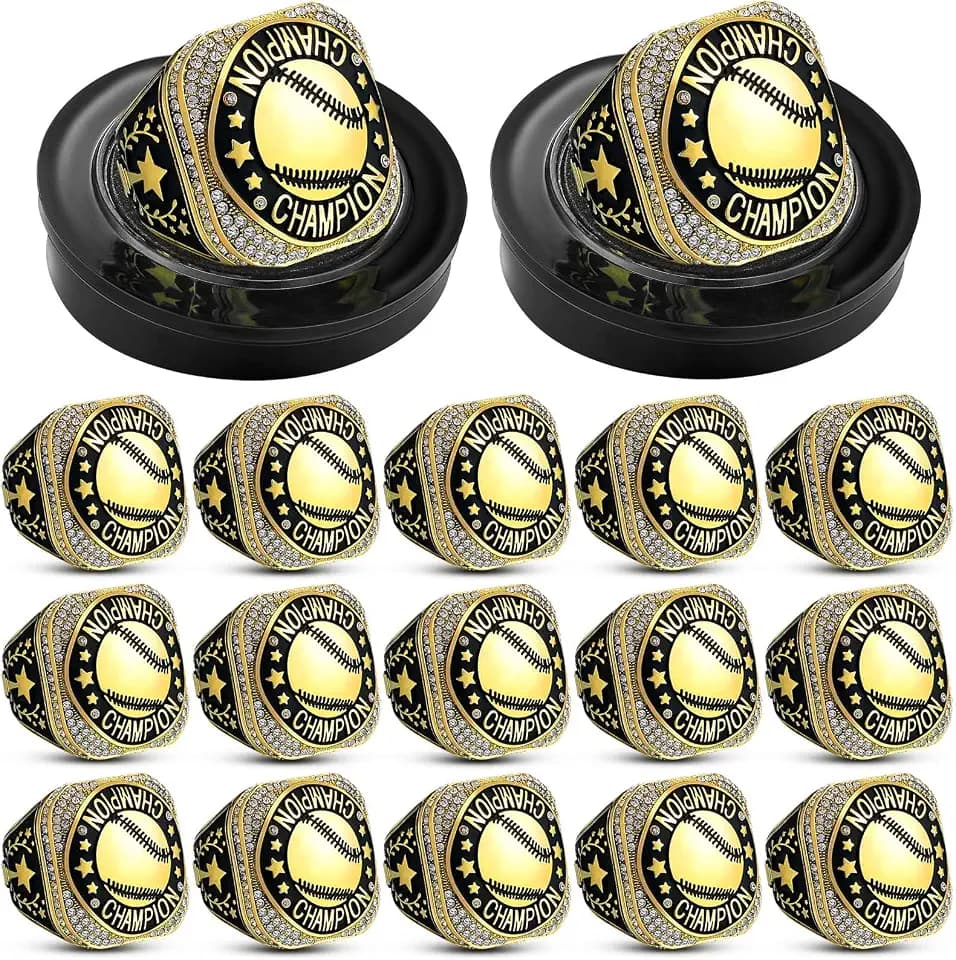 Highergo 20 Pcs Baseball Softball Basketball Football Champion Rings with Display Neck Chain and Stand Volleyball Soccer Cheer Trophy Rings Bulk for Tournament Award Gift