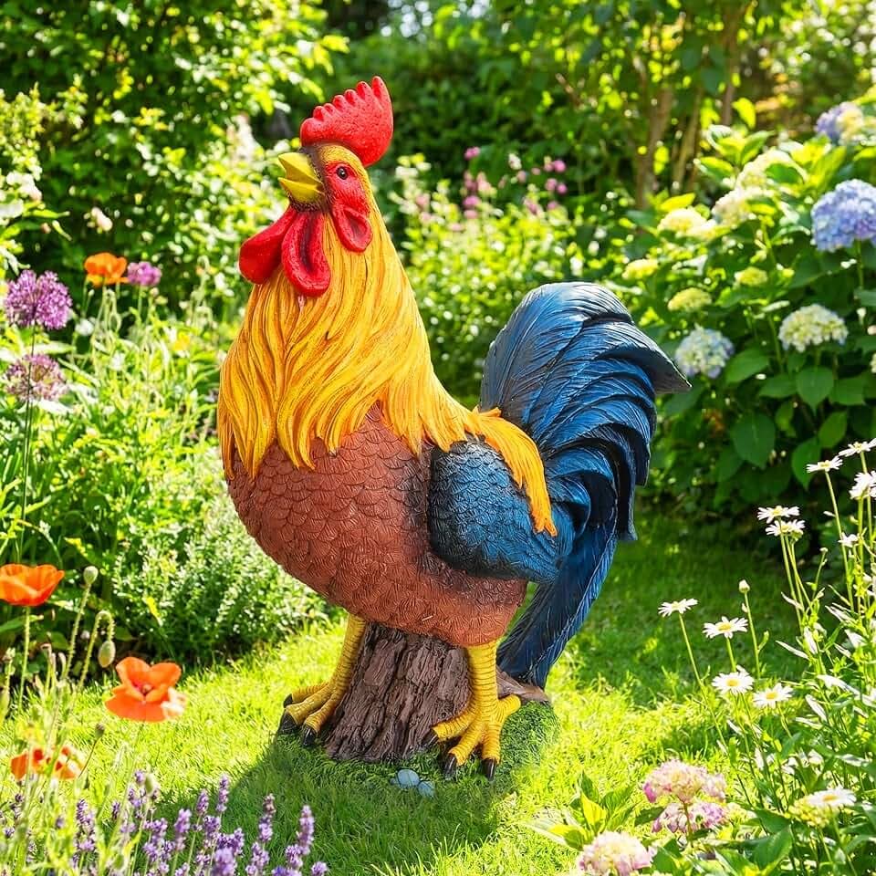 Relaxdays Gartenfigur Huhn, stolzer Hahn, wetterfeste Gartendeko, bunt