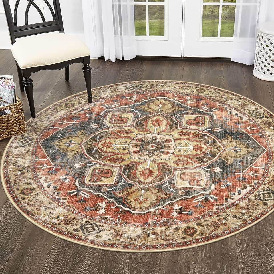 SIILOOM Washable 5ft Circle Round Rug, 5x5 Non-Slip Soft Circular Area Rugs