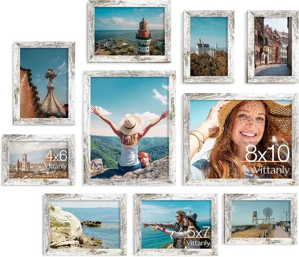 Vittanly 10 Pack Picture Frames Collage Wall Decor, Distressed White