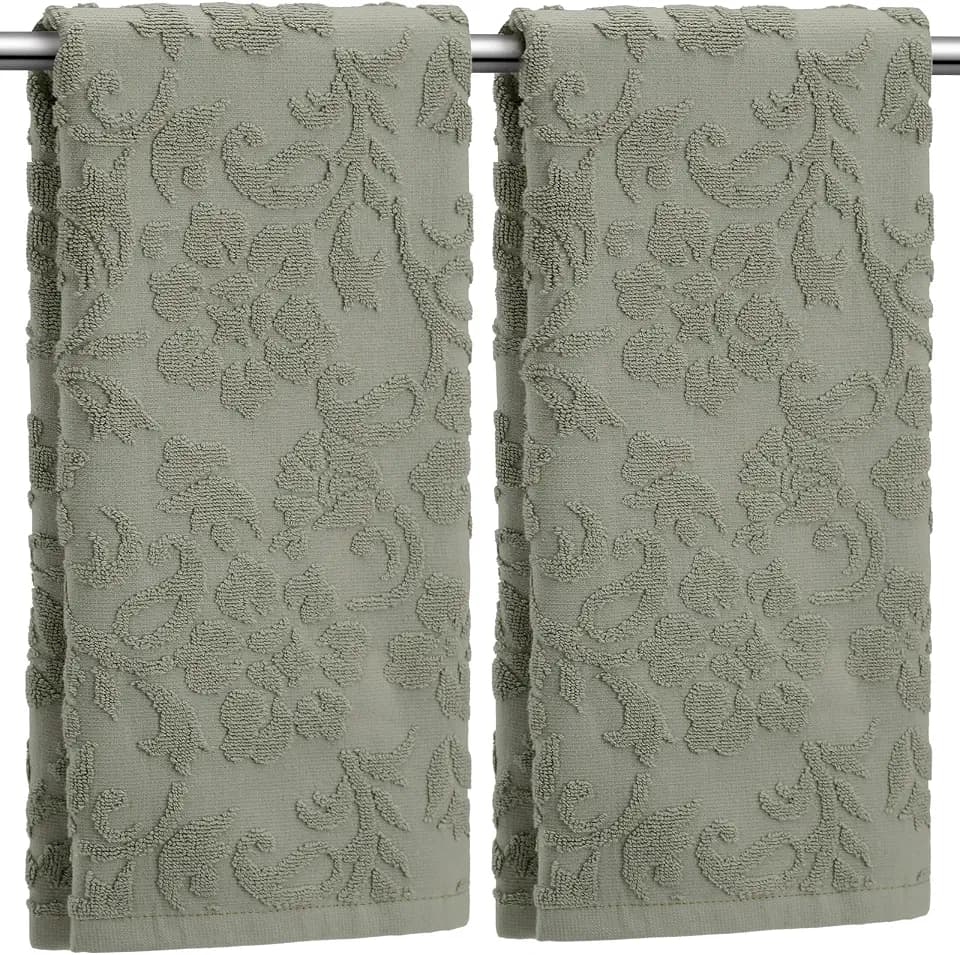 SmoothNovelty 2 Pcs Olive Green Floral Jacquard Hand Towels for Bathroom