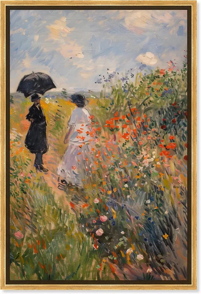 Art Remedy A Stroll Through The Flowers Framed Impressionism 1 Piece Canvas Wall Art/Monet And Van Gogh Inspired Art, 17.5" x 25.5", Gold Frame