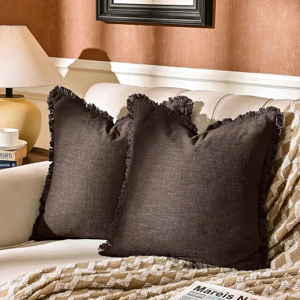 AmHoo Pack of 2 Linen Pillow Covers with Tassels Fringed Decorative Rustic Natural Throw Pillowcase Cushion for Couch Sofa Bedroom 20 x 20-Inch Brown