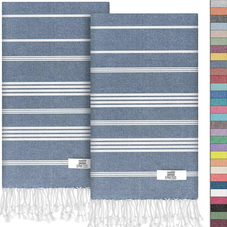EPHESUS TOWELS Turkish Hand Towels - Set of 2 | 18" x 30" Decorative Boho Guest Bath Towel for Bathroom, Kitchen, Face, Hair, Tea, Dishcloth (Sultan, Dark Blue)