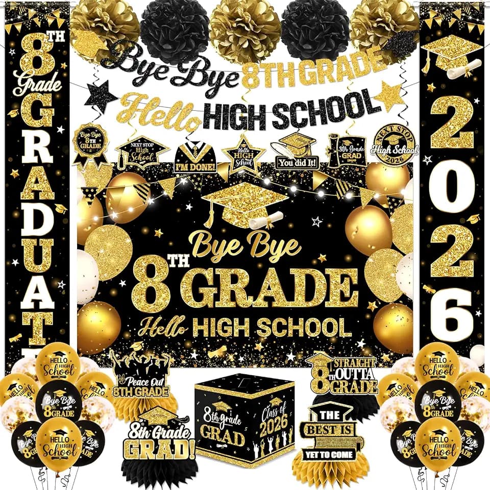 8th Grade Graduation Decorations,Black Gold Bye Bye 8th Grade Hello High School Decorations Banner Hanging Swirls Honeycomb for Middle School Graduation Decorations