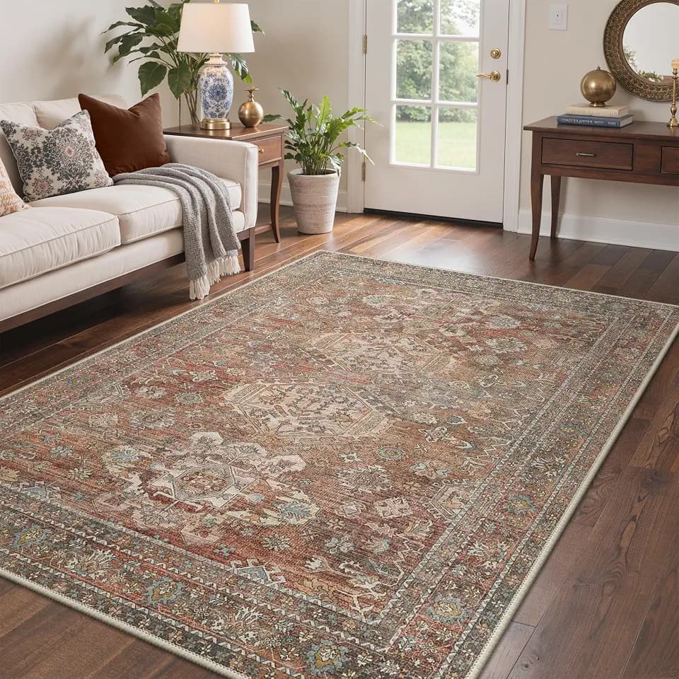 Bavni 4x6 Washable Area Rug, Non Slip, Brick