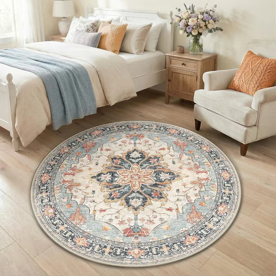 RELEANY Washable Area Rug, Round 4ft, Beige/Blue/Orange