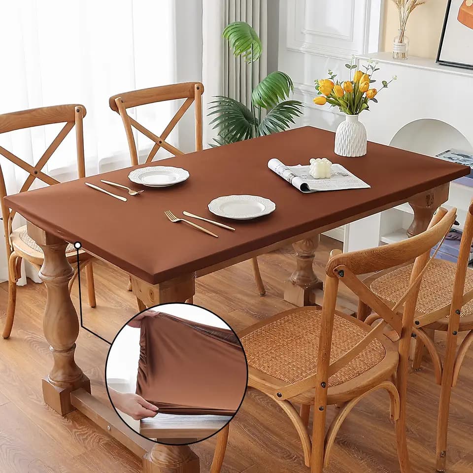 Fitted Spandex Rectangle Tablecloth, Soft Skin Friendly Non Pilling Breathable Fabric Table Cover with Elastic Band for Dining Gathering Party Banquet Decoration 42 x 72 Inch Brown