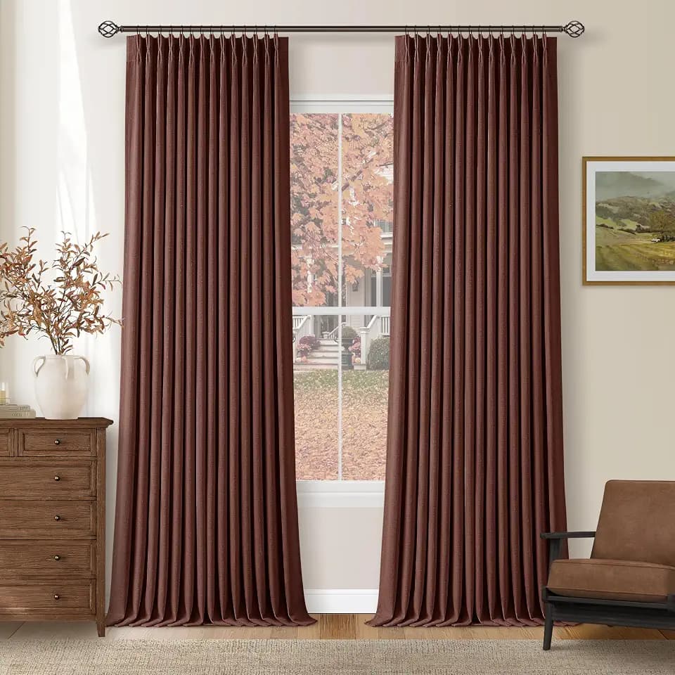 Chestnut Brown Linen Blackout Pleated 90 Inch Curtains for Living Room