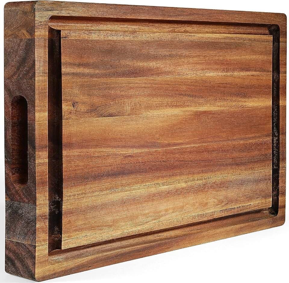 XL Acacia Wood Cutting Board (20x15x1.5in) and Wooden Butcher Block, Chopping Board-Reversible Multipurpose For Meat, Cheese Board, Vegetables, Bread with Juice Groove, Cracker Holder & Inner Handles