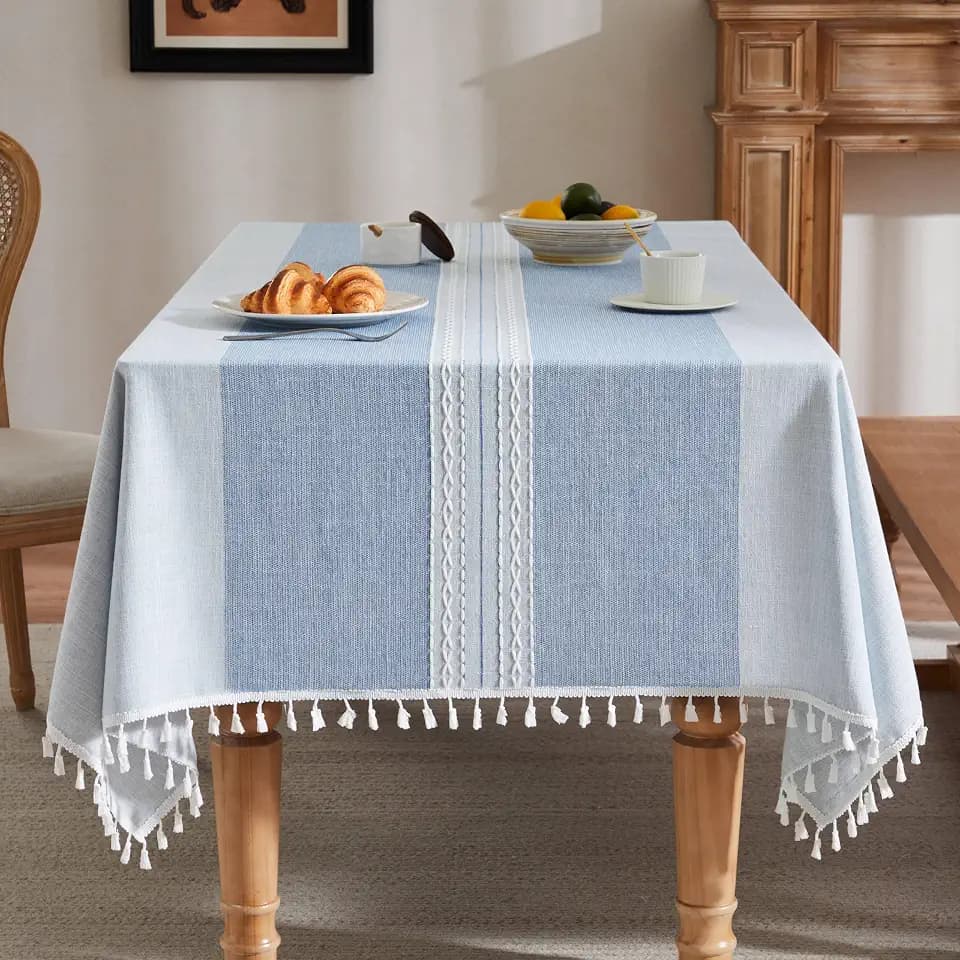 ZeeMart Contrast Linen Rectangle Table Cloth 52x70 Inch Mid-Stripe Blue