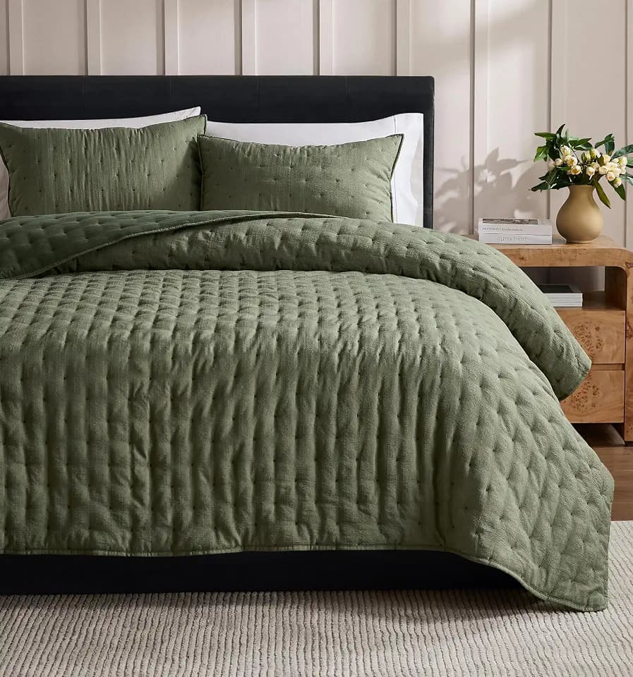 Olive Green Quilt Set King Size, Cloud-Soft Linen-Like Textured Coverlet