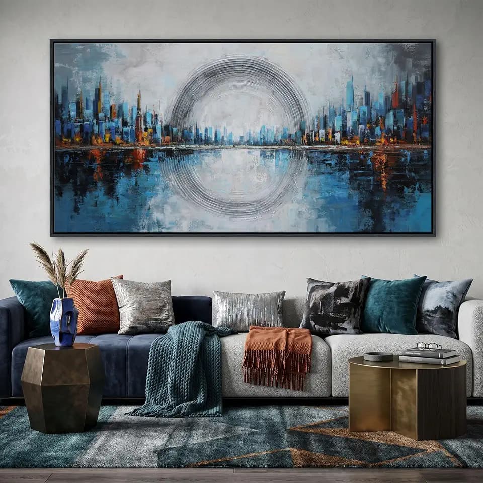 Abstract Blue Canvas Wall Art New York City Skyline Wall Decor for Living Room Oversized Cityscape Decor Pictures for Bedroom or Office Walls Framed Modern Artwork for Walls 29×58IN