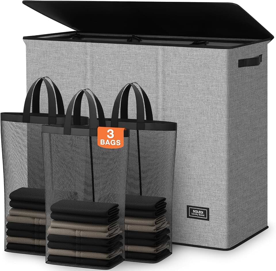 SOLEDI Large Laundry hamper 3 Section with Laundry Bag, XL Clothes Basket