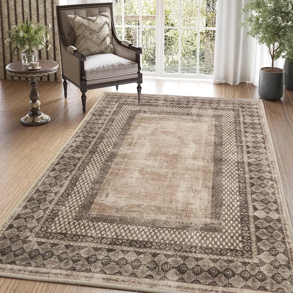 NICETOWN Machine Washable 3x5 Area Rugs - Non-Slip Brown Soft Rug with Rubber Back Foldable Lightweight Carpet Stain Resistant Pet & Kids Friendly Indoor Mat for Kitchen Bedroom Living Room, Brown