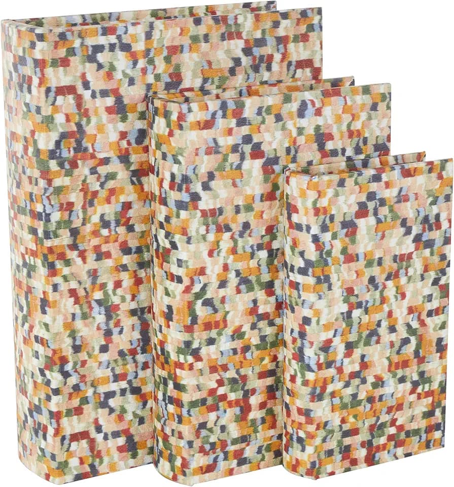 Deco 79 Faux Leather Decorative Box Faux Book Storage Book Shaped Boxes with Multi-colored Geometric Patterns, Set of 3 Decorative Keepsake Boxes 13", 11", 9"H, Multi Colored