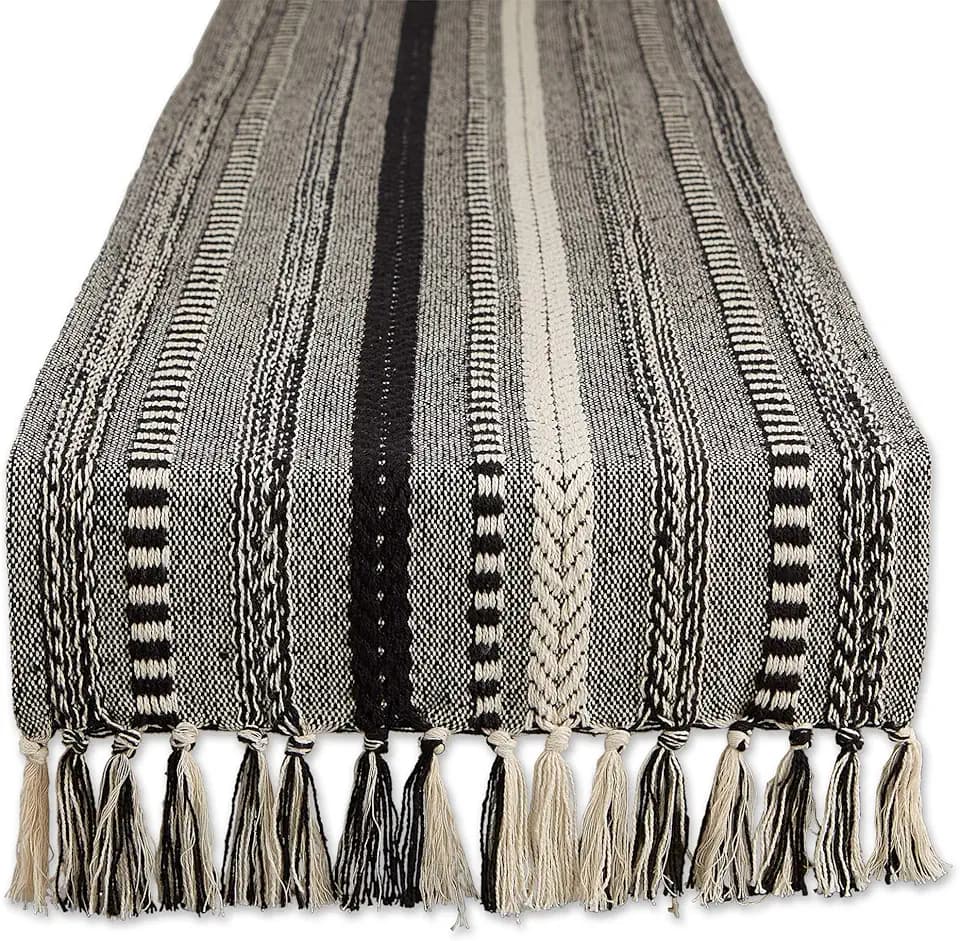 DII Braided Stripe Table Runner, 15x72 with 2.5" Fringe, Black