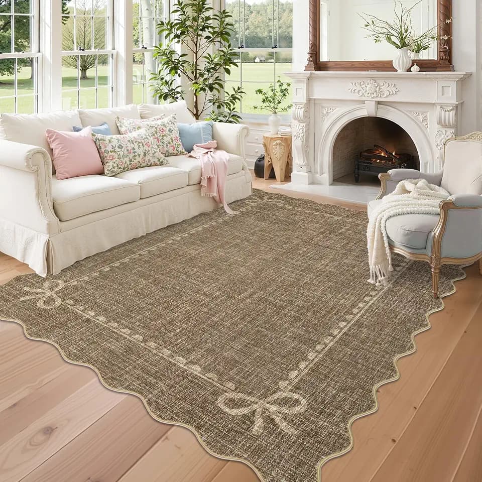GarveeHome Scalloped Bow Rug 5x7 Washable Brown Rug for Bedroom Living Room