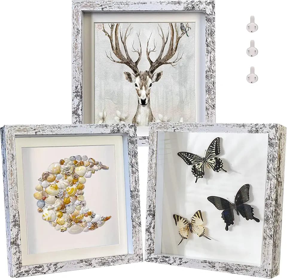 Rustic 8x8 Shadow Box Frame White Shadow Box Display Case Made of Solid Wood and Real Glass Internal Depth 0.6 inches for Wall Or Tabletop(3 Pack)