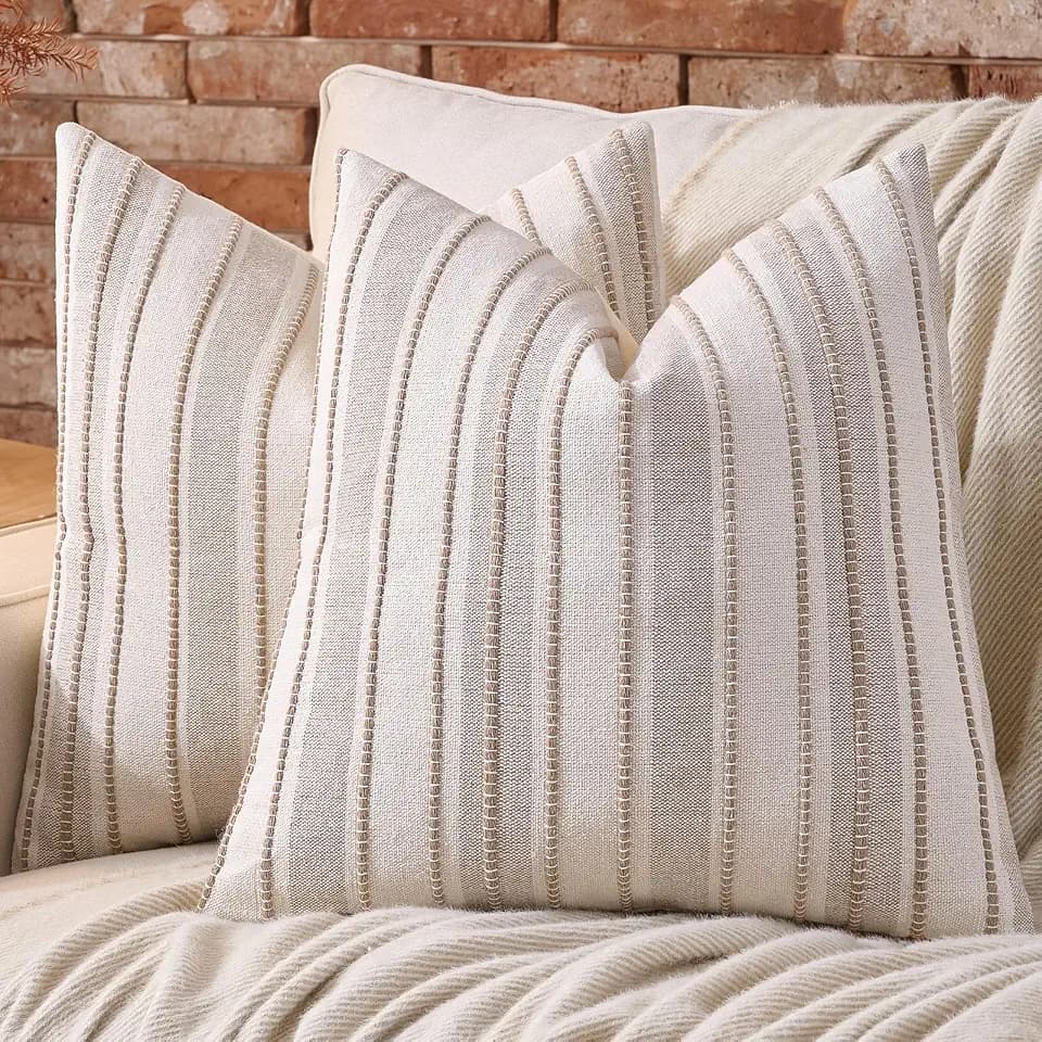 AmHoo Pack of 2 Boho Striped Cotton Throw Pillow Cover, 450GSM Farmhouse Textured Chair Sofa Bedroom Living Room Home Decor Couch Cushion Case 18 x 18-Inch Warm Taupe