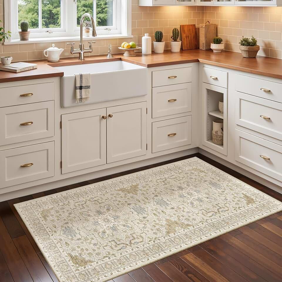 Madane Washable Area Rug 2x4, Small Entryway Rugs Non-Slip, Beige/Blue