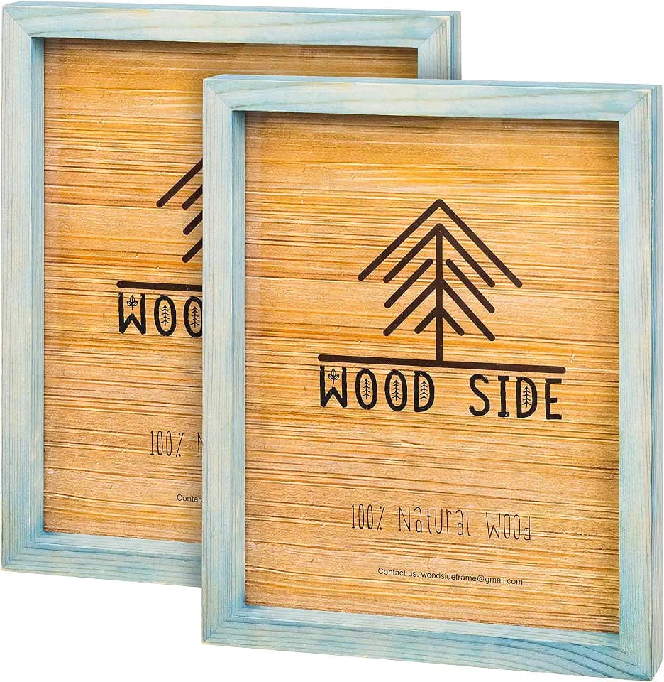 Blue Wooden Picture Frames 8.5x11 Set of 2 - Natural Rustic Solid Wood Real Glass, Certificate Diploma Wall Mount and Tabletop Display