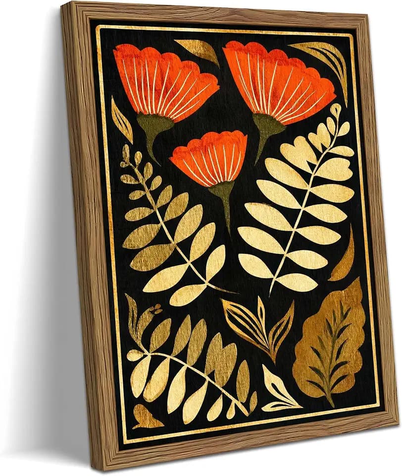 Framed Vintage Floral Wall Art, Mid Century Modern Flower Botanical Canvas Wall Decor Painting, Scandinavian Wildflower Artwork Poster Print Picture for Bedroom Bathroom Living Room 16x24 Inch