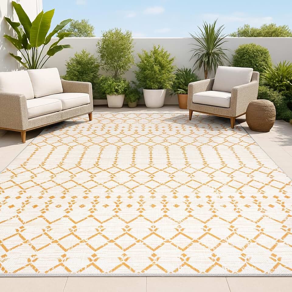 JONATHAN Y Moroccan Geometric Indoor Outdoor Area Rug 5X8 Cream/Orange, Ourika Textured Weave for Backyard, Patio, Porch, Easy-Cleaning, High Traffic, Pet-Friendly, Non-Shedding (SMB108O-5)