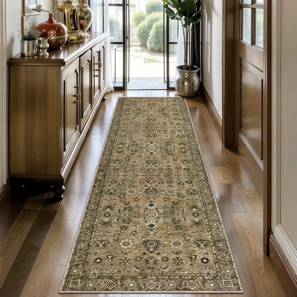 2x10 Hallway Runner Rug, Washable Non-Slip Vintage Floral Boho Runner Rug for Hallway Entryway Indoor, Brown Print Carpet,Soft Low Pile Long for Kitchen Bedroom