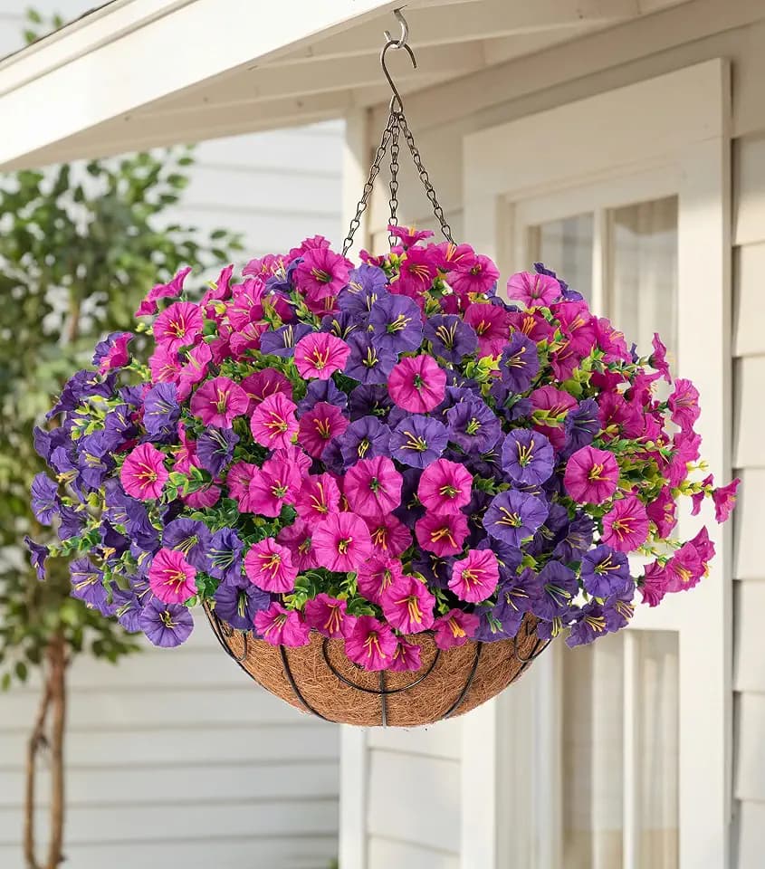 HyeFlora Artificial Fake Hanging Flowers Plants Baskets for Outdoors Fall Decoration, UV Resistant Faux Silk Morning Glory in Planter Realistic for Outside Porch Patio Balcony Garden Yard Home Decor