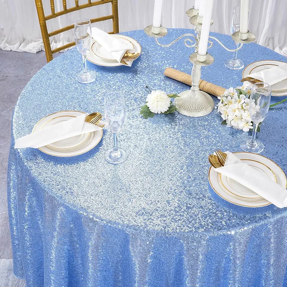 Baby Blue Sequin Round Tablecloth 108 Inch Glitter Party Table Cloth