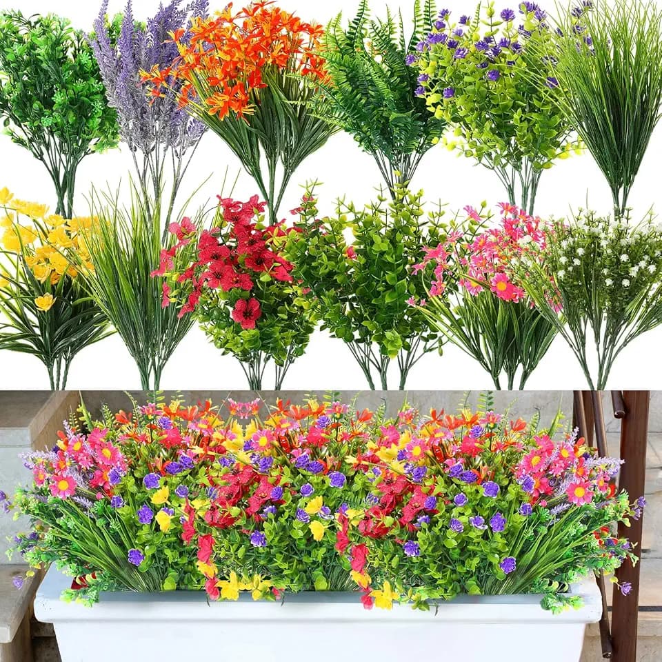 Hotop 36 Bundles Artificial Plants Flowers for Outdoor UV Resistant Greenery & Fake Wildflowers Faux Plastic Plant No Fade for Hanging Planter Porch Window Home Wedding Summer Decor(Classic Colors)