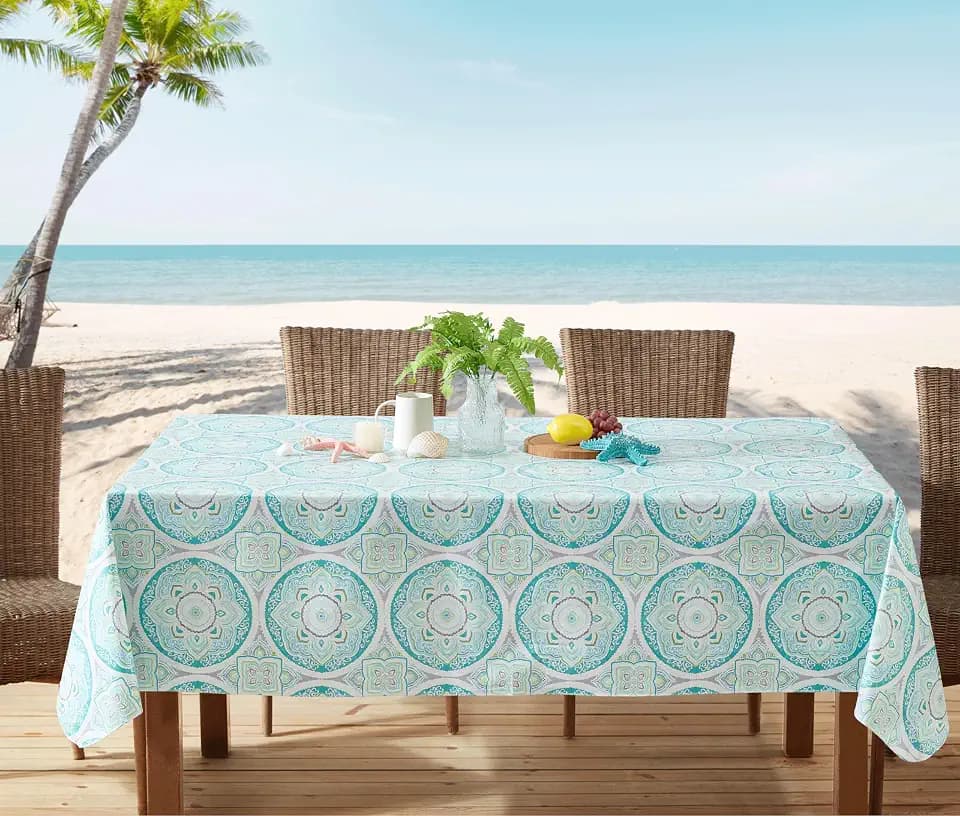 Newbridge Rectangle Vinyl Tablecloth with Flannel Backing for Holiday Parties, Adriatic Medallion, 60 x 102 Inch, Waterproof Indoor Outdoor Vinyl Table Cover, Sea Green Tile Design