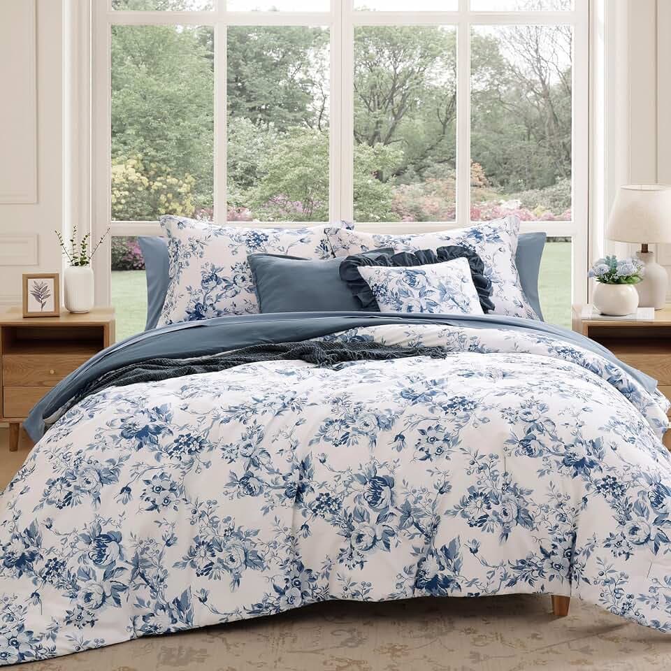 BLOOMHAVEN Full Size Comforter Sets-7 Pieces Blue Floral Bed in a Bag