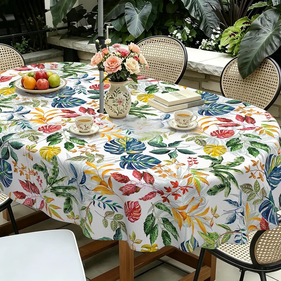 Yighty Oval Outdoor Tablecloth with Umbrella Hole 54x72In,Spring Summer Palm Leaf Outdoor Zipper Tablecloth,Waterproof and Wrinkle-Free Washable Oval Tablecloth for Picnics,Party,Camping and BBQ