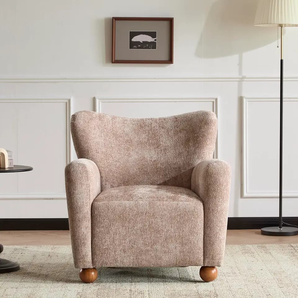 Christopher Knight Home Lindy Wingback Accent Chair, Upholstered Armchair with Rounded Wooden Legs, Curved Backrest Single Sofa, Soft Cushion Seating, Comfy Lounge Chair for Living Room, Beige Brown
