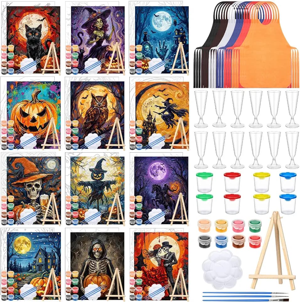 Sherr 96 Pcs 12 Set Pre Drawn Canvas Painting Kits, Halloween Style