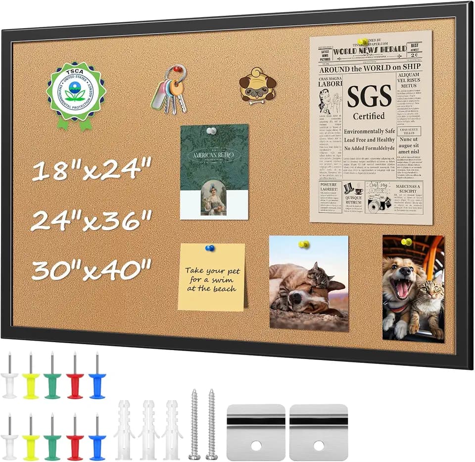 ORIENTOOLS 18x24 Cork Board, Wooden Frame, Hanging Pin for Office School