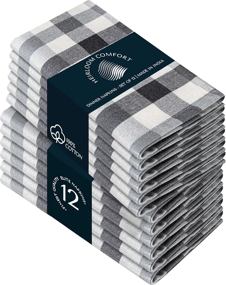 Gingham Check Cloth Napkins Set of 12, 18x18 Inch, 100% Cotton, Reusable & Washable, Durable, Absorbent Fabric for Dinner Parties, Wedding, Dining Napkin, Multi Grey, Natural