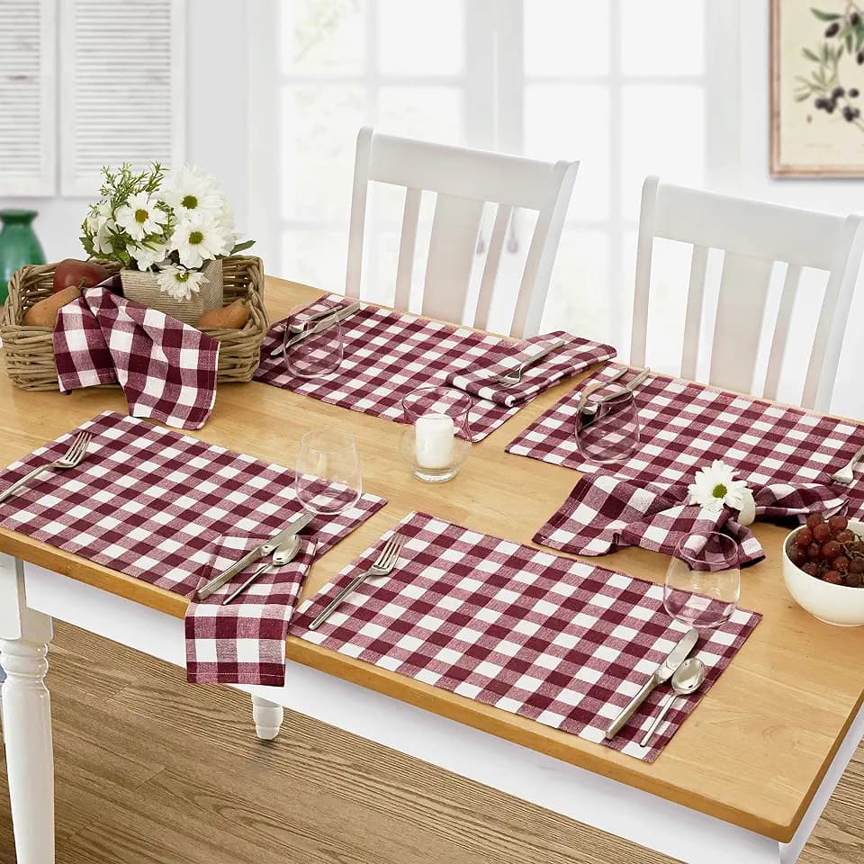 Home Bargains Plus Country Rustic Buffalo Plaid Cotton Placemats, Set of 4, Burgundy, Checkered Cottage Gingham Easy Care Dining Table Placemats