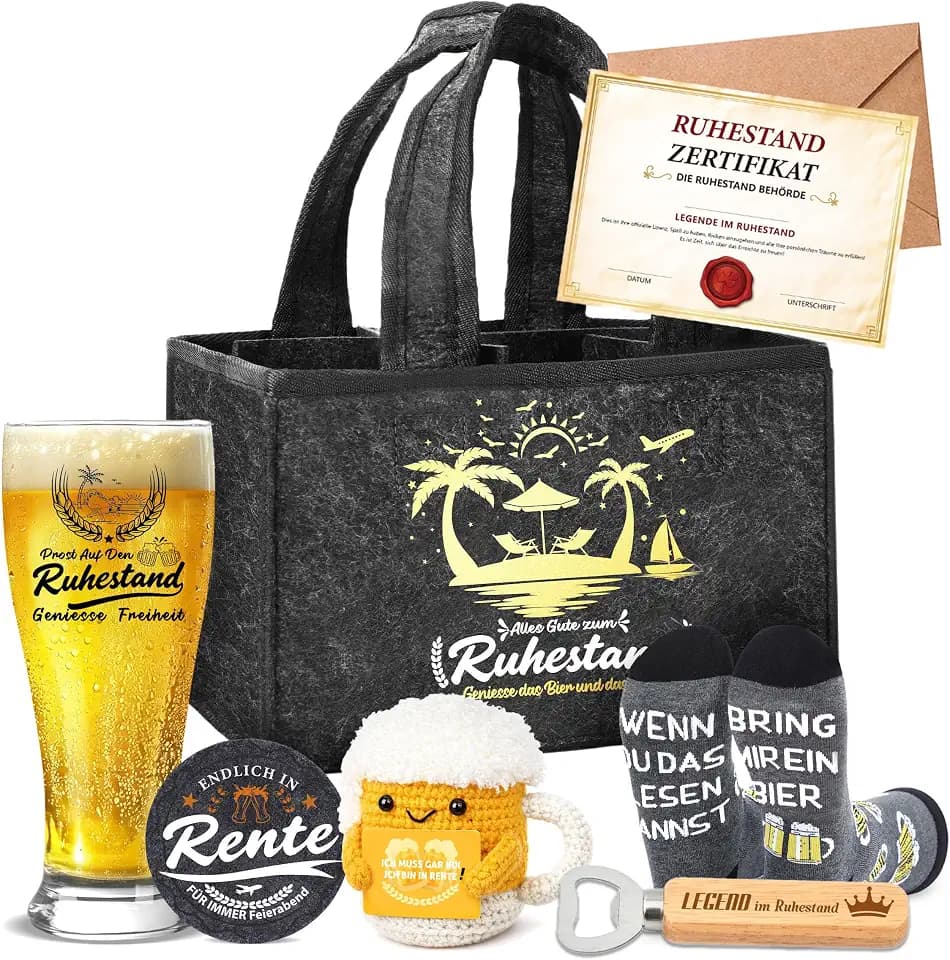 ZJTAPE Rentner Geschenk Männer mit Männerhandtasche Bier, weizenbiergläser, Gehäkelte Kuscheltiere, Lustige Ruhestand Geschenke (Rentner Schwarz-A)