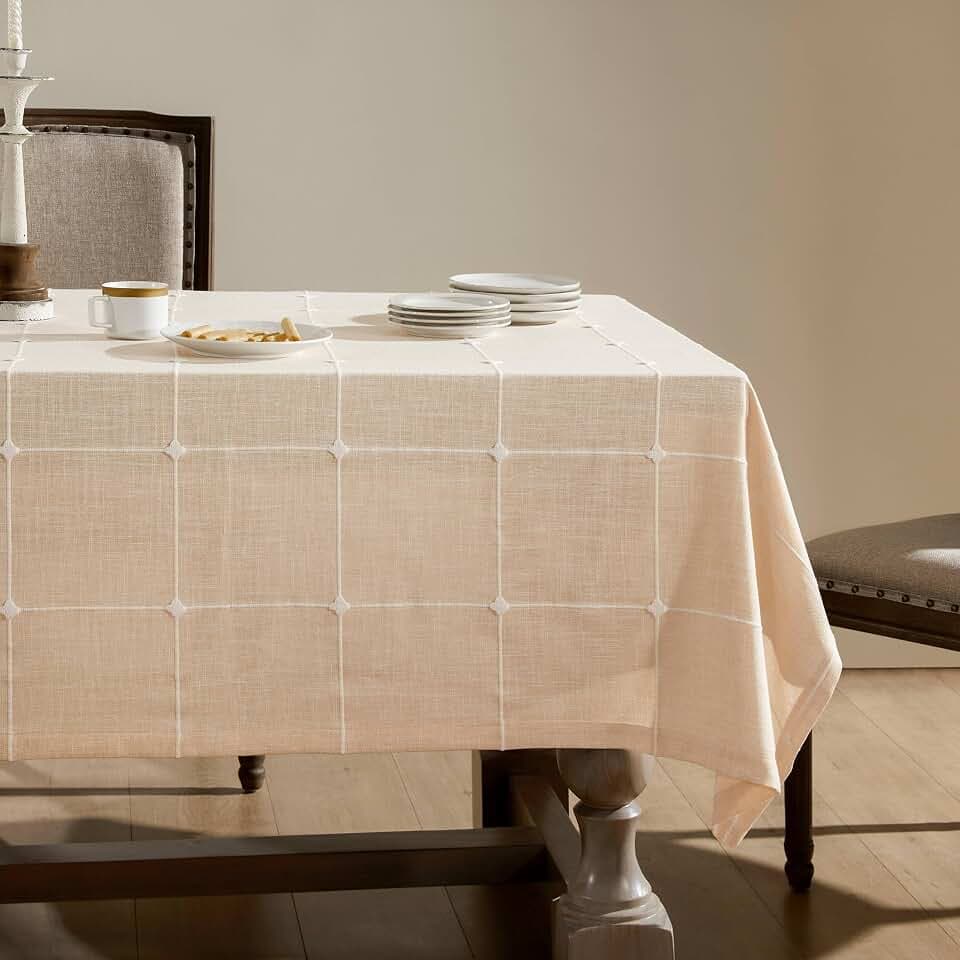 ZeeMart Grid Embroidered Rectangle Hemmed Tablecloths 60x104in, Cream