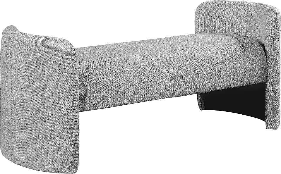 Meridian Furniture 117Grey Peyton Collection Modern | Contemporary Boucle Fabric Upholstered Bench with Rounded Arms, Grey, 52.5" W x 21" D x 22" H